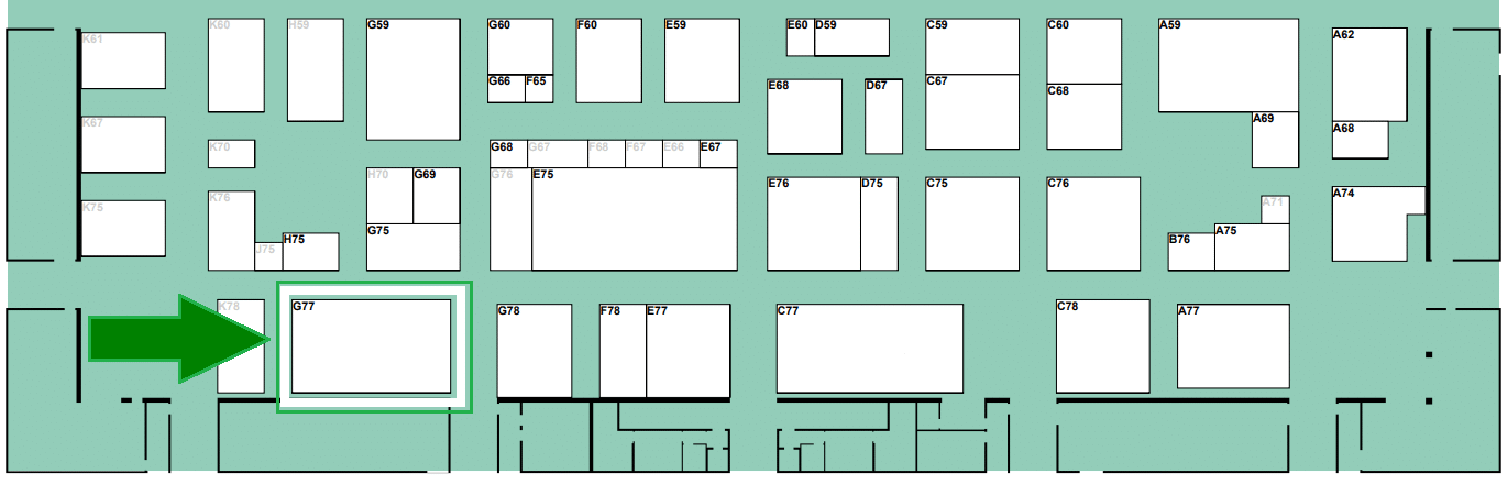 Hall 6 floor plan – Tripod Mobility is located at Stand G77, highlighted in green